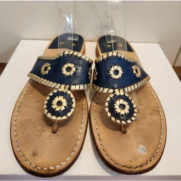 Jack Rogers "Navajo" Navy/Pewter Leather Whipstich Thong Sandals Sz.10 $138 - Picture 1 of 10